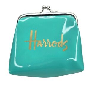 Harrods Teal Patent PVC Kiss Lock Coin Purse Turquoise Gold Logo Small Wallet